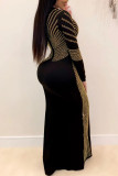 Black Fashion Sexy Solid Slit Hot Drill O Neck Swagger Dresses