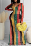 Colour Sexy Striped Print Hollowed Out Patchwork Hooded Collar Long Sleeve Dresses