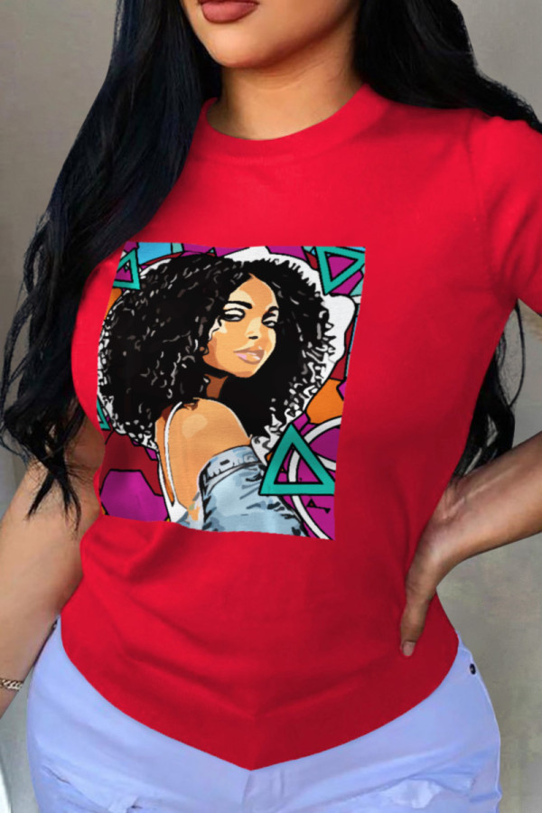 Red Fashion Print Patchwork O Neck T-Shirts