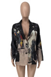 Black Fashion Casual Print Cardigan Turn-back Collar Outerwear