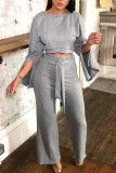 Grey Casual Solid Patchwork O Neck Long Sleeve Two Pieces