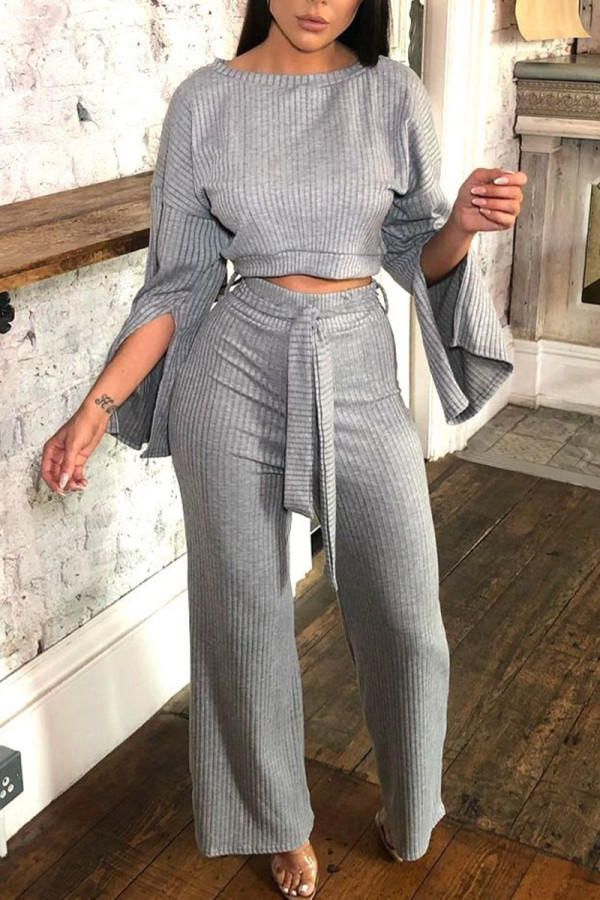 Grey Casual Solid Patchwork O Neck Long Sleeve Two Pieces