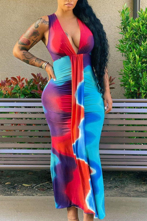 Red Blue Sexy Print Patchwork V Neck Vest Dress Dresses