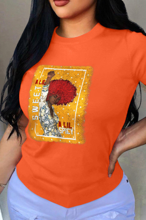 Orange Fashion Street Print Patchwork O Neck T-Shirts