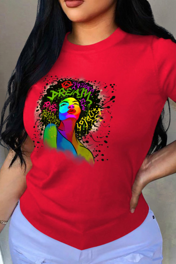 Red Fashion Print Patchwork O Neck T-Shirts