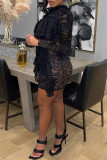 Black Fashion Sexy Patchwork Solid See-through O Neck Long Sleeve Dresses