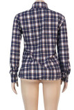 Navy Blue Casual Plaid Print Patchwork Buckle Turndown Collar T-Shirts