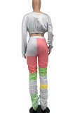 Grey Casual Street Patchwork Fold V Neck Long Sleeve Two Pieces