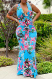 Turquoise Sexy Print Patchwork V Neck Vest Dress Dresses