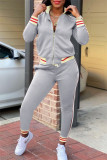Light Gray Fashion Casual Patchwork Basic Zipper Collar Long Sleeve Two Pieces