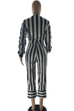 Black White Casual Striped Print Patchwork Zipper V Neck Long Sleeve Two Pieces