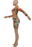 Colour Sexy Print Hollowed Out Patchwork O Neck Long Sleeve Two Pieces