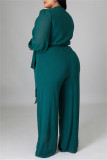 Green Fashion Casual Solid Bandage V Neck Plus Size Jumpsuits