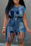Blue Fashion Casual Print Tassel O Neck Short Sleeve Two Pieces