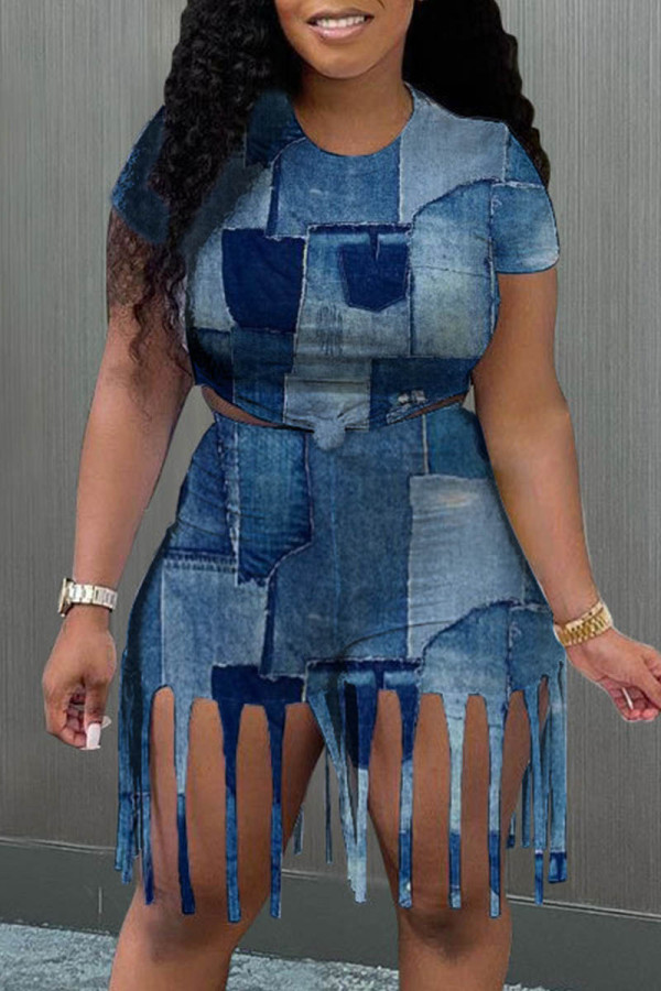 Blue Fashion Casual Print Tassel O Neck Short Sleeve Two Pieces