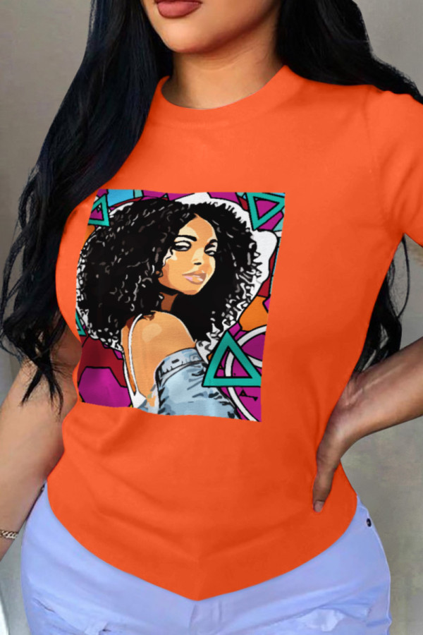 Orange Fashion Print Patchwork O Neck T-Shirts