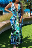 Turquoise Sexy Print Patchwork V Neck Vest Dress Dresses