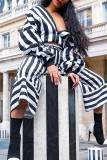 Black White Casual Striped Print Patchwork Zipper V Neck Long Sleeve Two Pieces