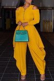 Yellow Fashion Casual Solid Zipper V Neck Long Sleeve Two Pieces