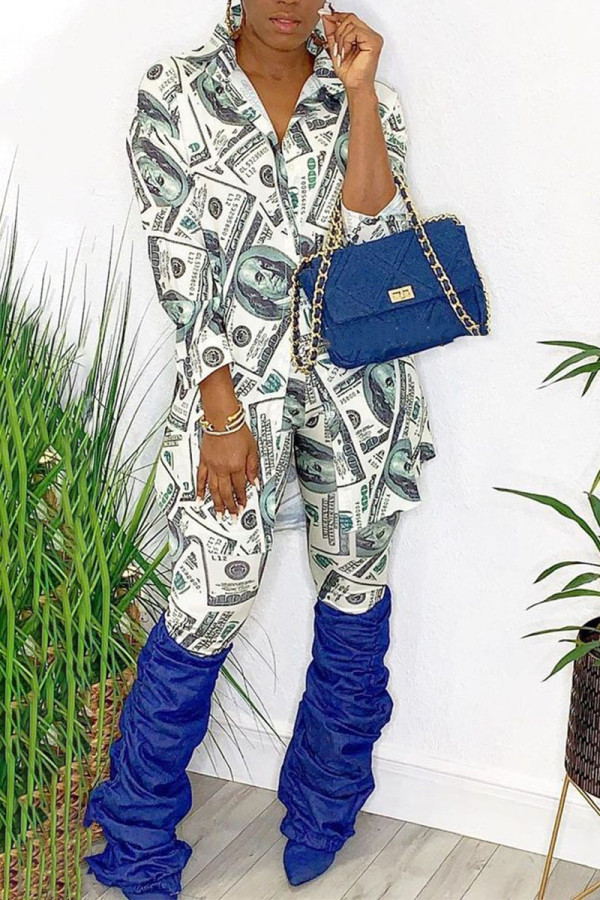 White British Style Print Turndown Collar Long Sleeve Two Pieces