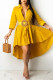 Golden Yellow Solid Patchwork Buckle Asymmetrical Turndown Collar Shirt Dress Dresses(Contain The Belt)