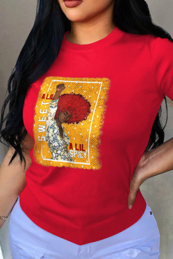 Red Fashion Street Print Patchwork O Neck T-Shirts