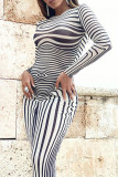 Black White Sexy Striped Print Patchwork See-through O Neck One Step Skirt Dresses