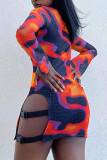 Multicolor Sexy Print Hollowed Out Patchwork O Neck One Step Skirt Dresses