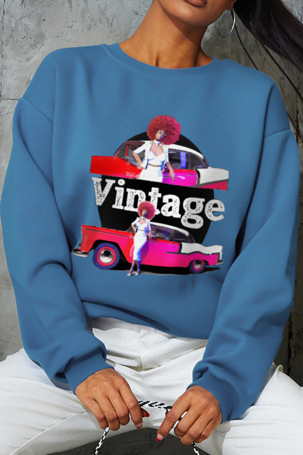 Blue Casual Street Print Patchwork O Neck Tops