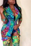 Green Fashion Sexy adult Print HOLLOWED OUT Patchwork Two Piece Suits pencil Long Sleeve