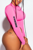 Pink Sexy Letter Print Patchwork O Neck Skinny Bodysuits
