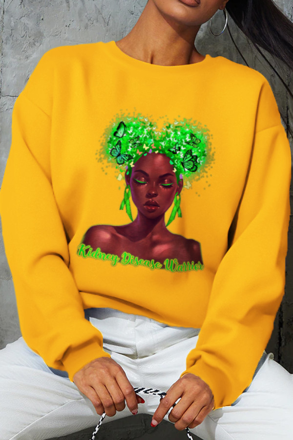 Yellow Street Cute Print Patchwork O Neck Tops