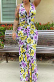 White Purple Sexy Print Patchwork V Neck Vest Dress Dresses