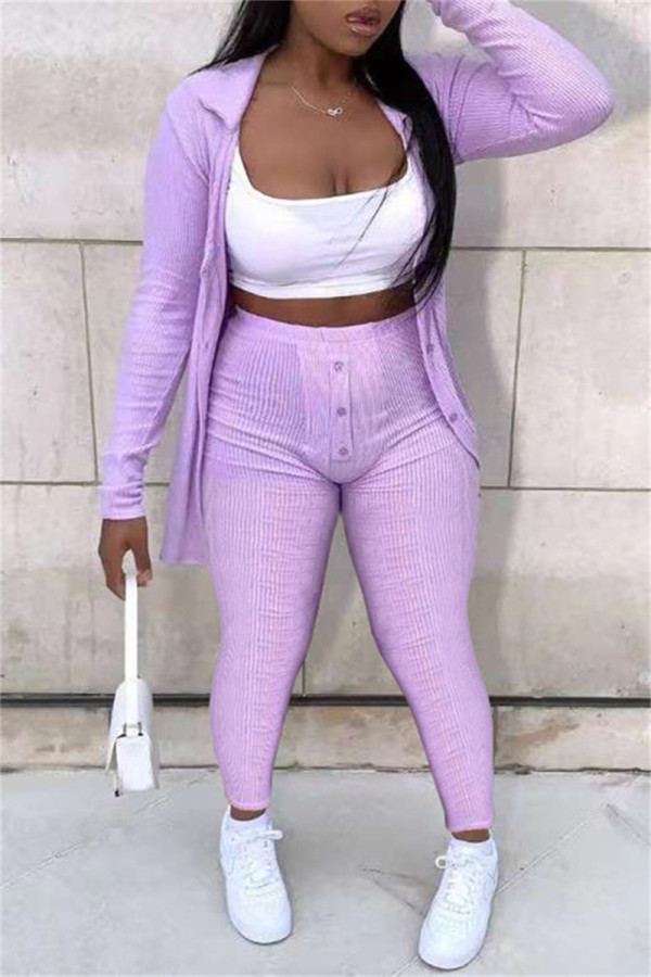 Light Purple Fashion Casual Solid Cardigan Hooded Collar Long Sleeve Two Pieces