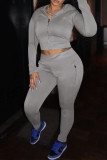 Grey Casual Solid Patchwork Zipper Hooded Collar Long Sleeve Two Pieces