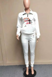 White Casual Print Patchwork Zipper Collar Long Sleeve Two Pieces