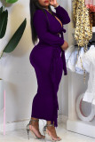 Purple Fashion Casual Solid Tassel Hollowed Out V Neck Long Sleeve Two Pieces