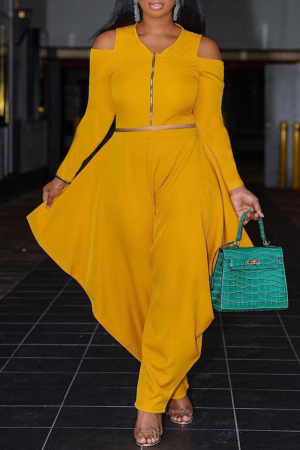 Yellow Fashion Casual Solid Zipper V Neck Long Sleeve Two Pieces