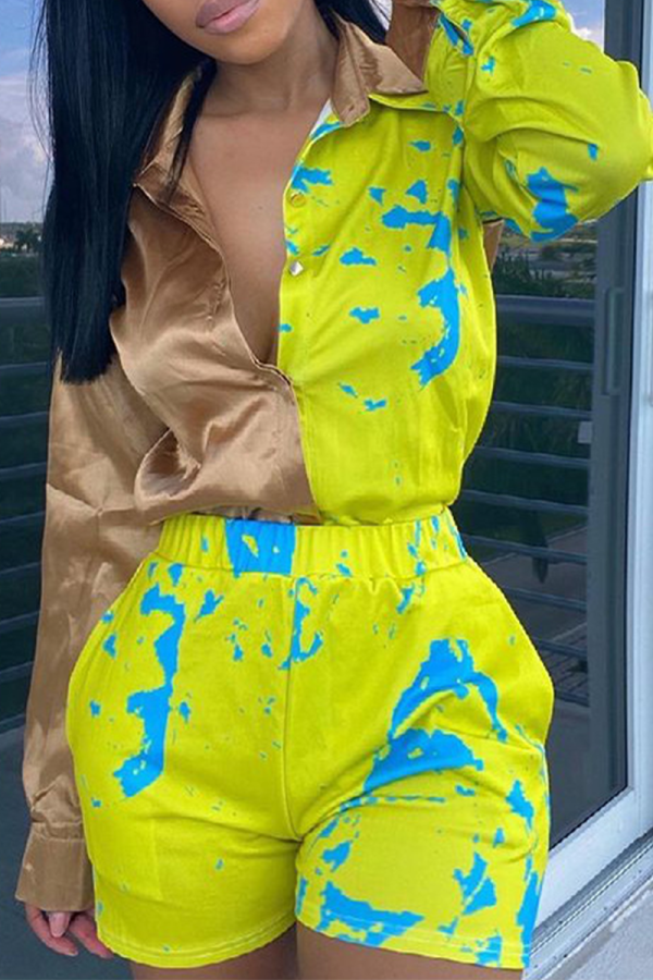 Yellow Casual Print Patchwork Turndown Collar Long Sleeve Two Pieces