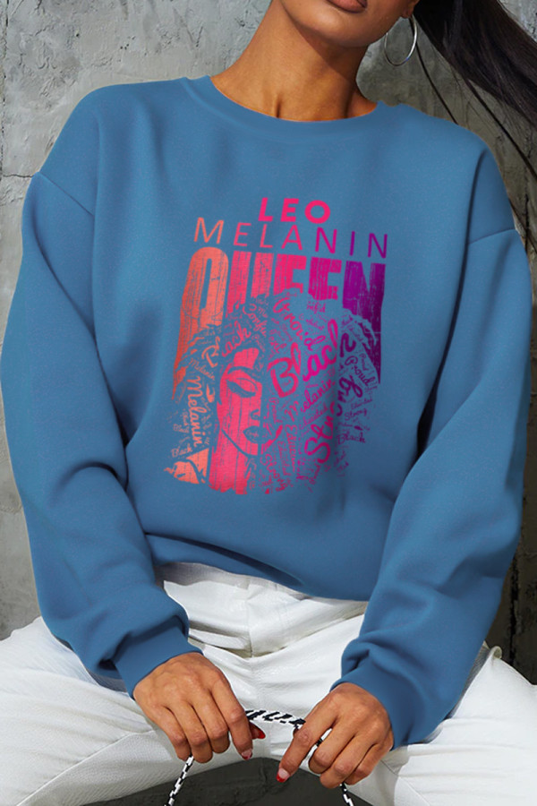 Blue Casual Street Print Patchwork O Neck Tops