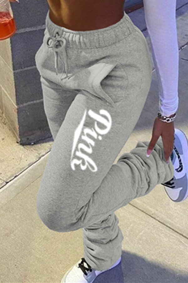 Light Gray Fashion Casual Letter Print Basic Regular Mid Waist Trousers