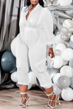 White Casual Solid Patchwork Zipper Collar Plus Size Jumpsuits