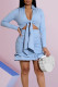 Blue Sexy Solid Patchwork Flounce Fold Knotted Asymmetrical V Neck Long Sleeve Two Pieces