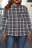Navy Blue Casual Plaid Print Patchwork Buckle Turndown Collar T-Shirts