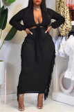 Purple Fashion Casual Solid Tassel Hollowed Out V Neck Long Sleeve Two Pieces