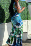 Turquoise Sexy Print Patchwork V Neck Vest Dress Dresses