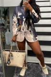 Black Fashion Casual Print Cardigan Turn-back Collar Outerwear