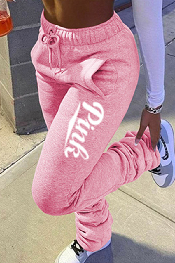 Pink Fashion Casual Letter Print Basic Regular Mid Waist Trousers