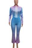 Green Casual Gradual Change Striped Print Patchwork Zipper Collar Long Sleeve Two Pieces