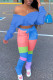 Blue Casual Street Patchwork Fold V Neck Long Sleeve Two Pieces